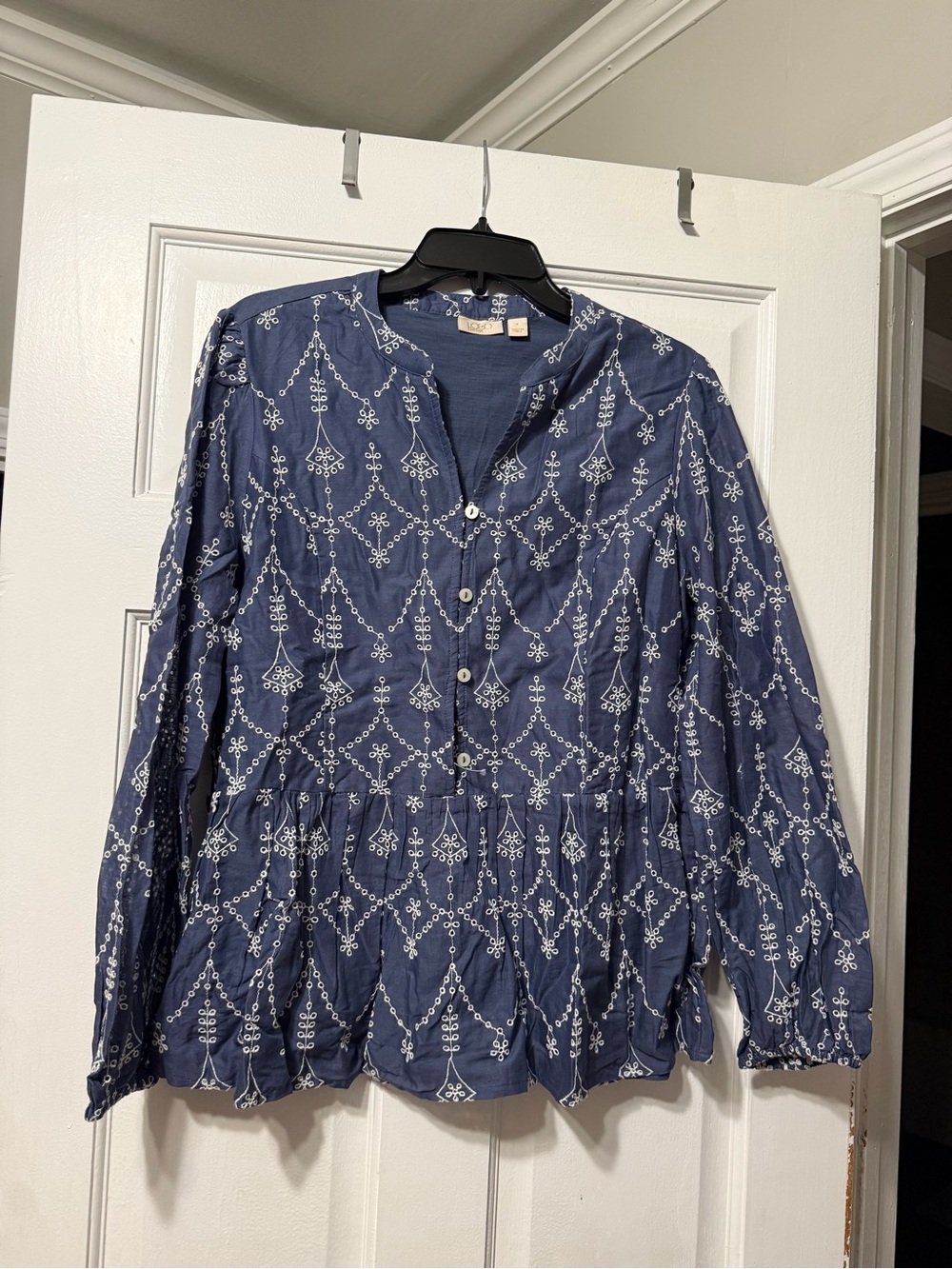 Lavish Navy Blue White Embroidered Peplum Button-Up Blouse. Size small